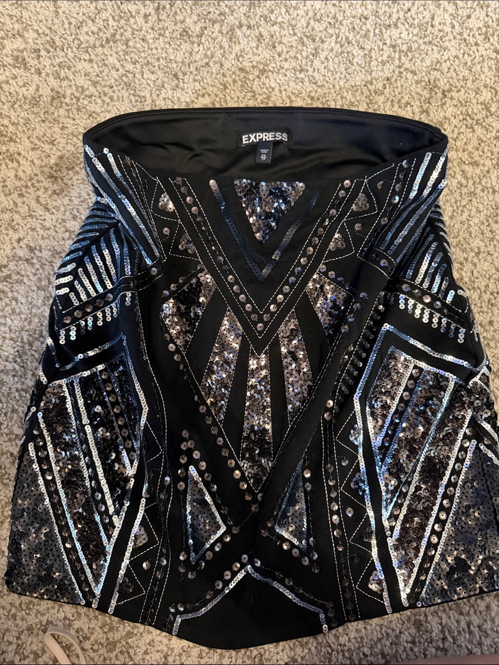 Express Black Mini Skirt with Metallic Silver Sequin Pattern